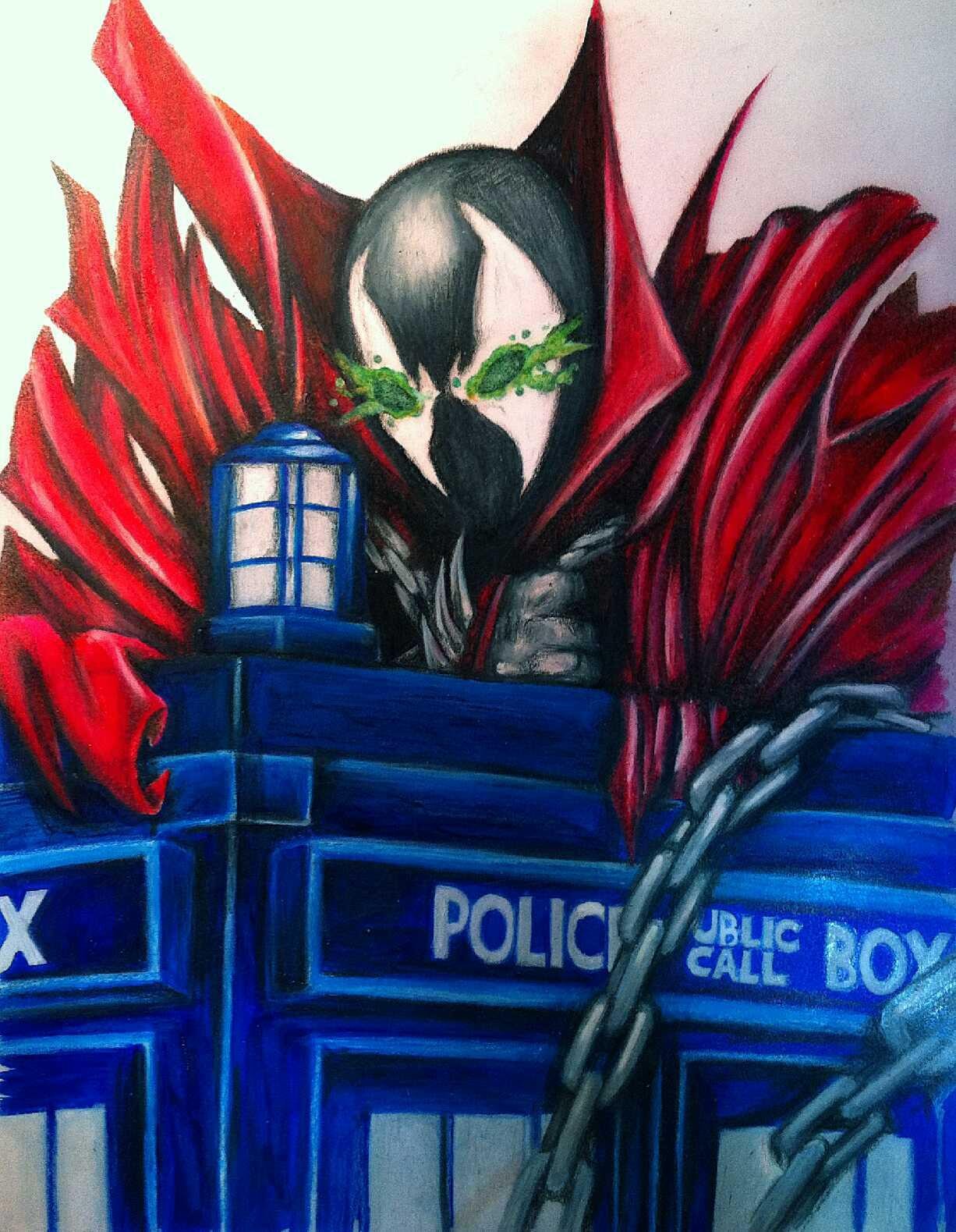 Demon figure with TARDIS police box