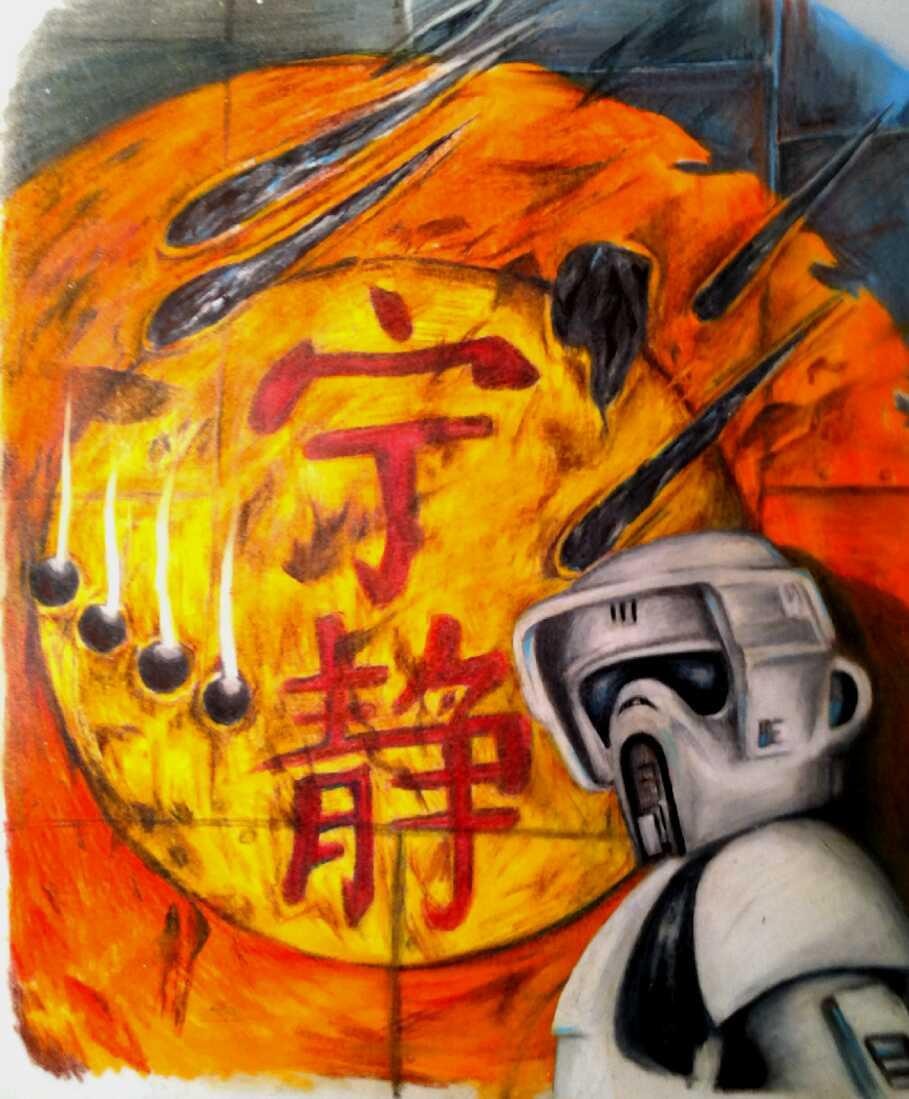 Stormtrooper next to fiery Asian character art