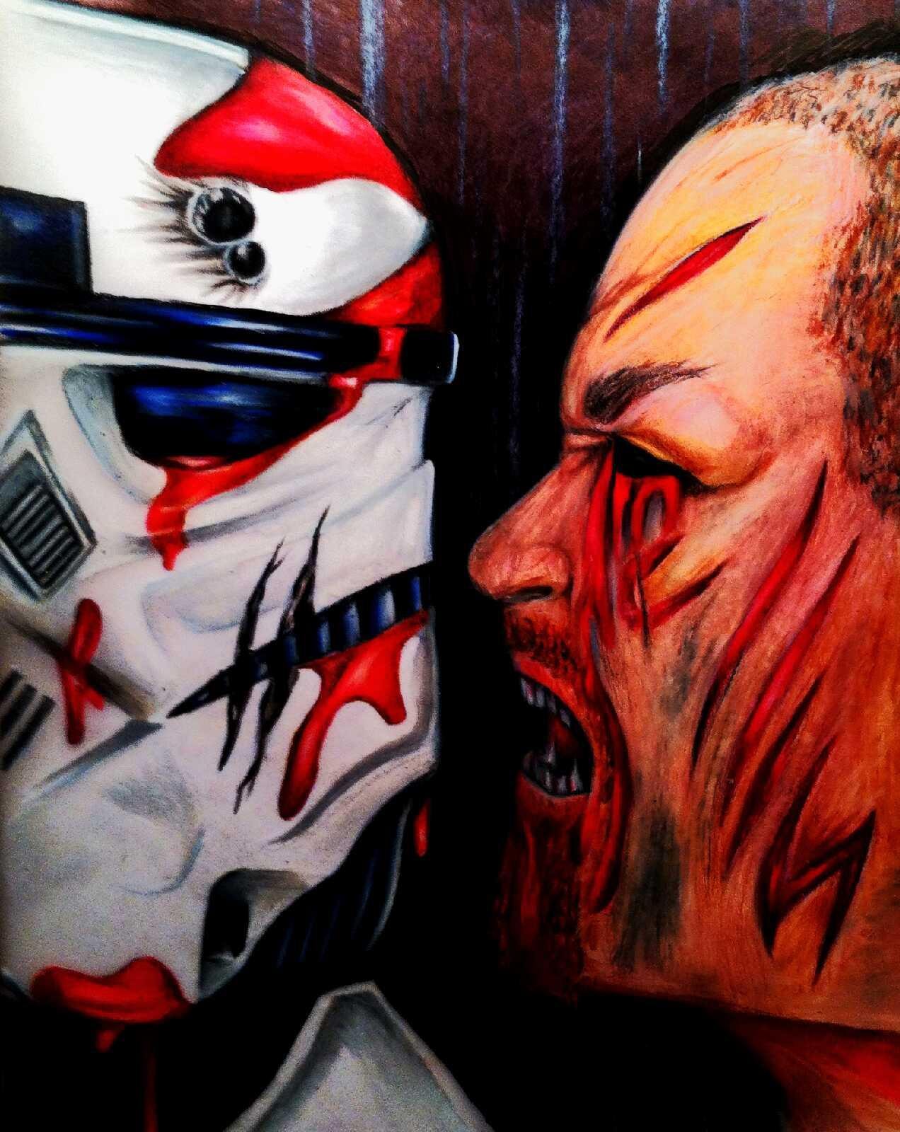 Robot and angry man face off confrontation